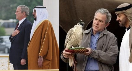 Абу Даби, 13 января 2008. Буш в гостях у Халифы, справа – сын Халифы, наследный принц и министр обороны ОАЭ Мохаммед бин Зайяд аль-Нахайян показывает Бушу своего сокола-шахина.